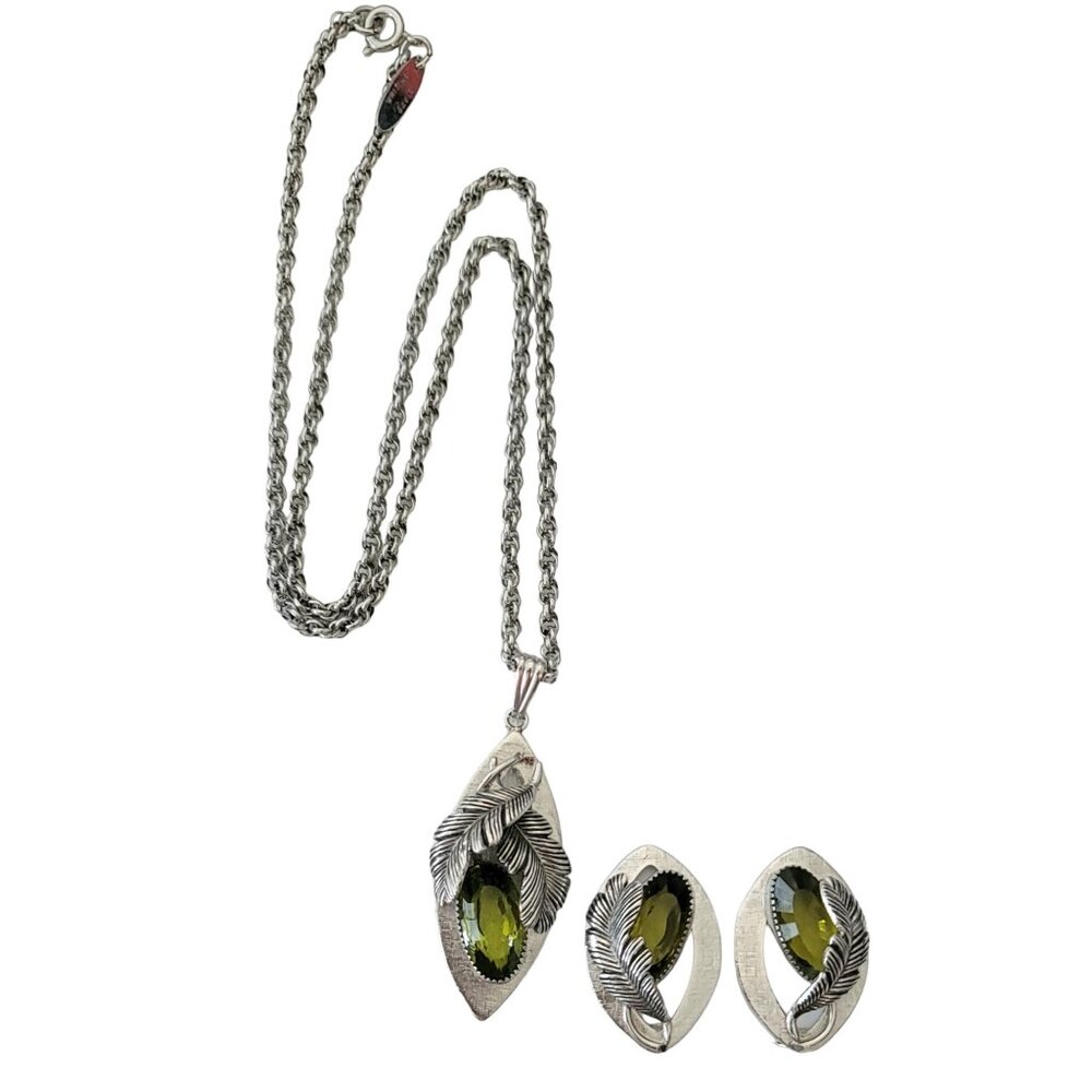 Whiting Davis Silver Tone Green Rhinestone Feather Oval Earrings Necklace Set L8